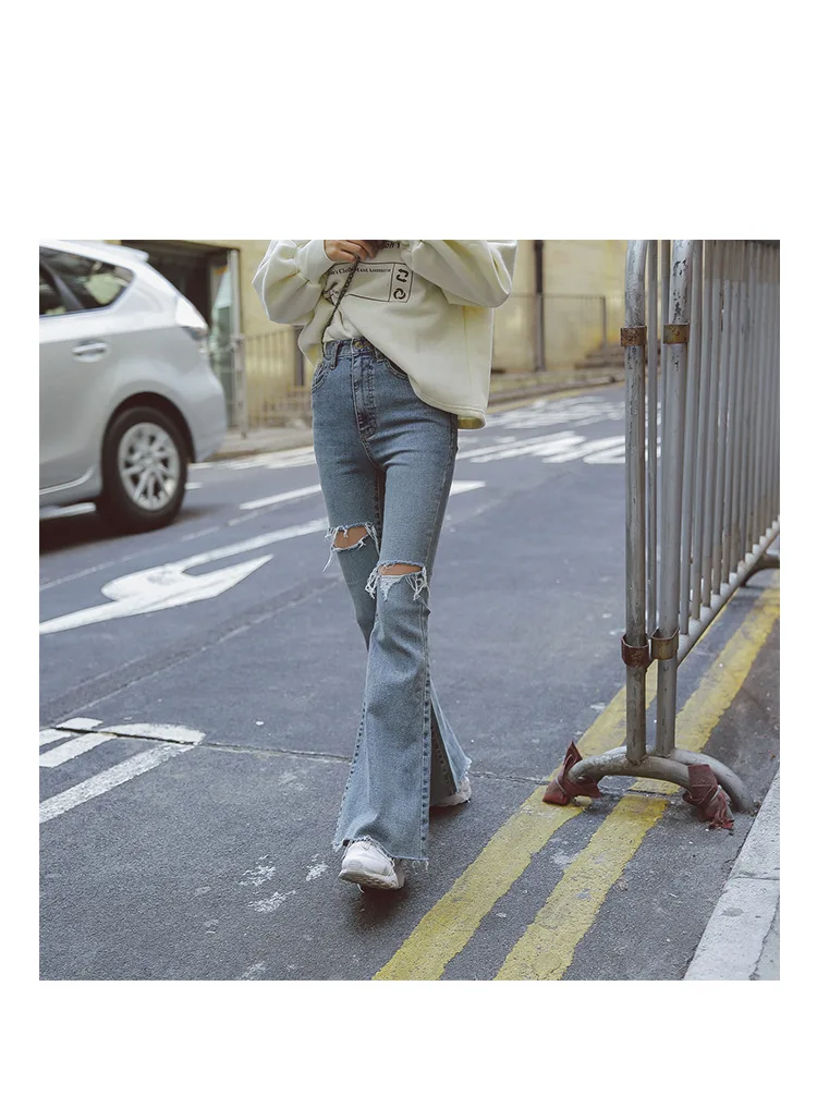 Stretch Office Lady Wide Leg Womens Flare Jeans Casual Bleached Hole High Waisted Flared Denim Jeans Destroyed Jeans Feminino