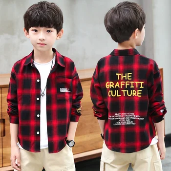 

2020 Boy Cotton Plaid Shirts Kids Children Fashion Letter Printed Long Sleeve Turn Down Collar Tops Outfit Toddler Boys Shirts 8