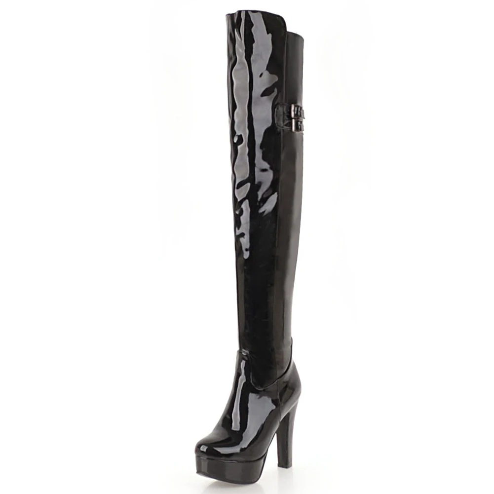 KARINLUNA Plus Size 34-48 Party Over The Knee Boots Lady Fashion Patent Pu Thigh High Boots Women High Heels Shoes Woman - Цвет: black 1 thin fur