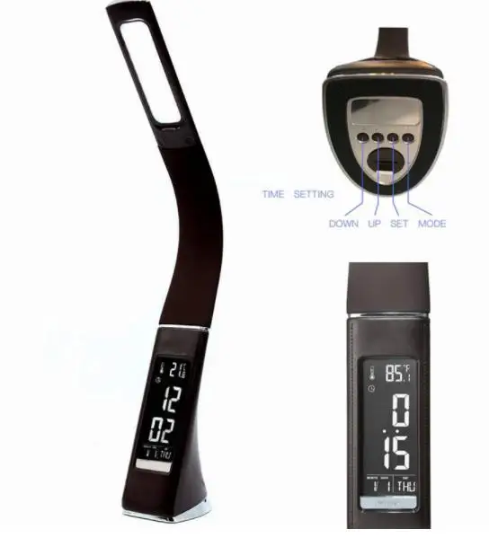 Najtaniej Gęsiej szyi LED biurko lampa dotykowa skórzana jak ściemniająca lampka biurkowa do czytania światło z budzikiem kalendarz wyświetlacz LCD