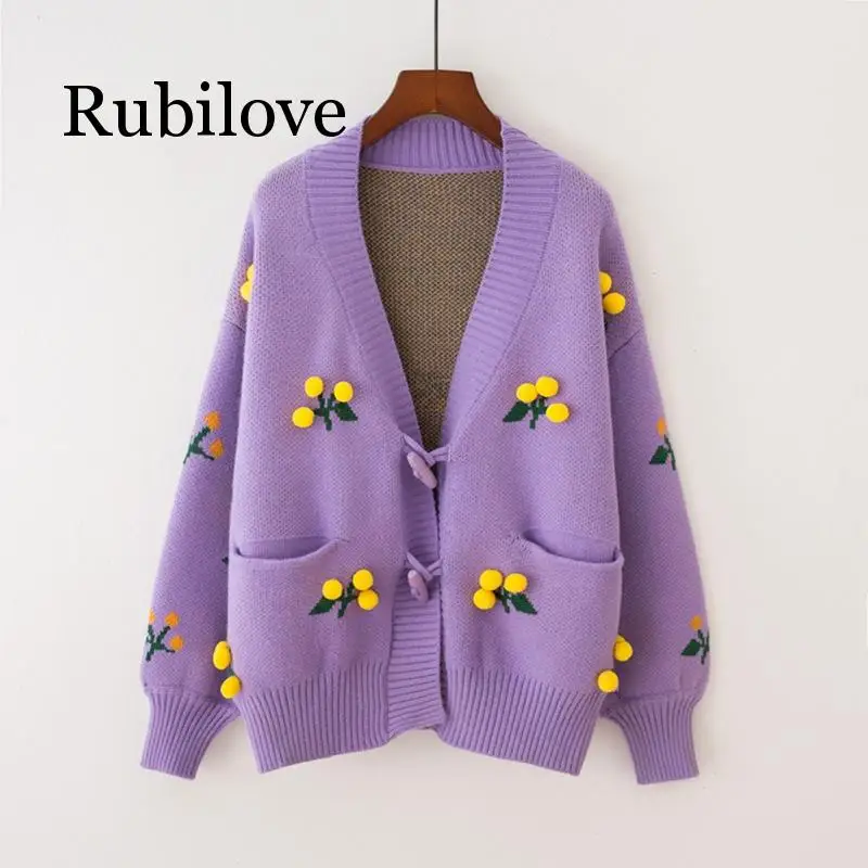 Rubilove, женские свитера, новинка, осень и зима, с роговыми пряжками, вязаный кардиган, свитер, милый, с помпонами, с цветами, женский кардиган, пальто