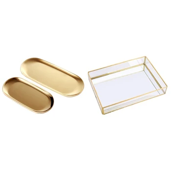 

2Pcs Gold Oval Stainless Steel Trinket Tray & 1Pcs Gold Tray Mirror, Rectangle Mirror Tray Can Hold Perfume