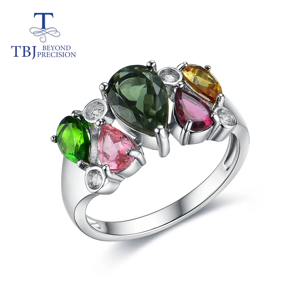Solid 925 Sterling Silver Women Jewelry Natural Multi Tourmaline Gemstone Ring Size 8 