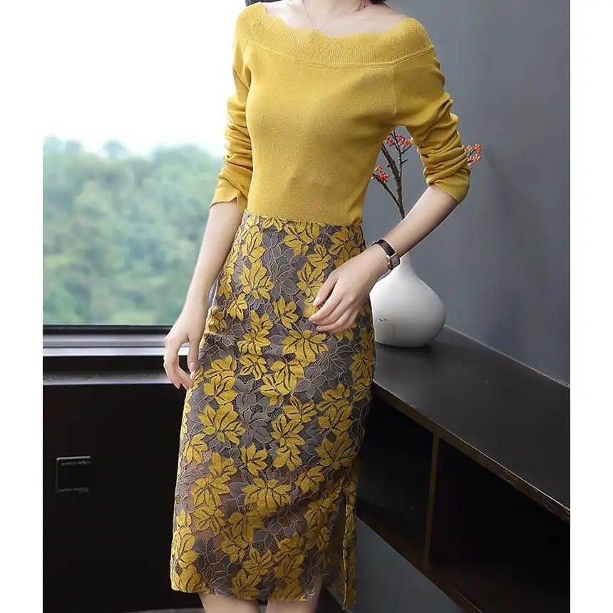 

Nice Elegant Ruffles Sweater Top Embroidery Flower Lace Skirt 2 Piece Set Nice Autumn Women Bodycon Sets Casual Suit
