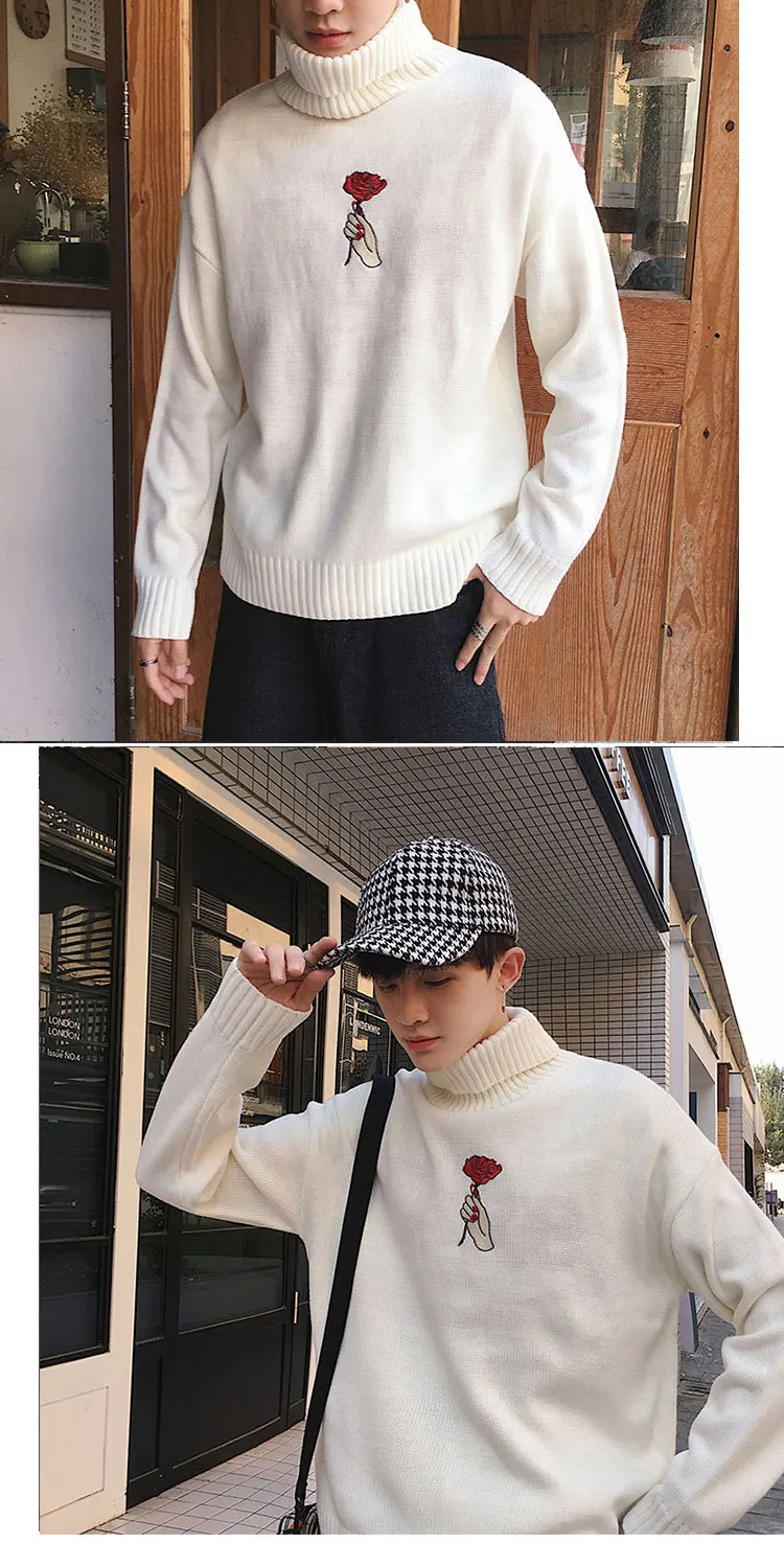 Зимний свитер с высоким воротником, мужской теплый модный свитер с цветочной вышивкой, повседневный толстый вязаный свитер, мужские