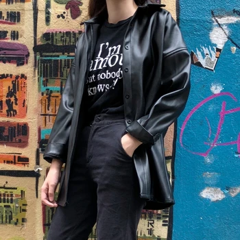 

Casual Pu Leather Shirt Women Long Sleeve Turn-Down Collar Single-Breasted Women Blouses Autumn Winter Tops Streetwear Clothes