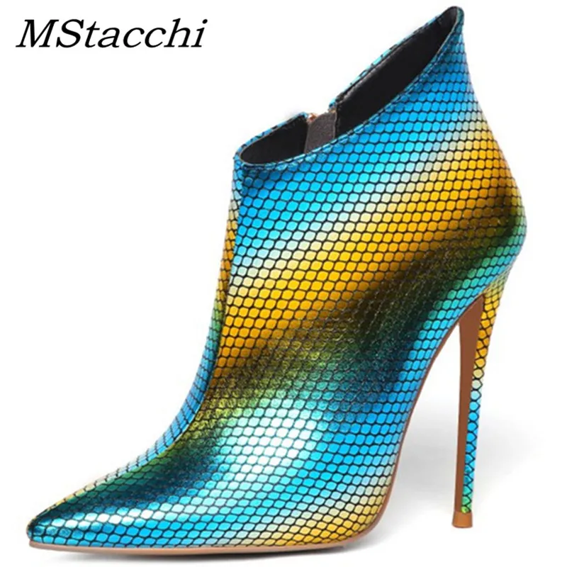 

MStacchi Sexy Pointed Toe Thin Heels Women Ankle Boots For Woman Mixde Colors Zipper Chelsea Boots Ladies Party Wedding Shoes