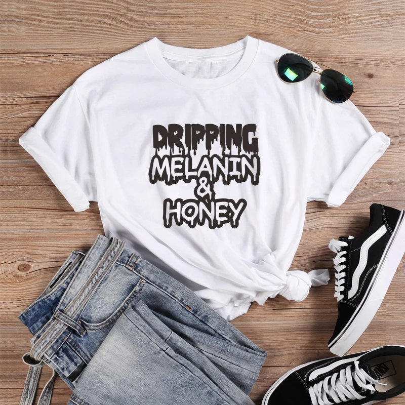 Женские футболки с надписью "Dropping Melanin honey" в стиле Харадзюку, хипстер, уличная хлопковая футболка, графическая футболка