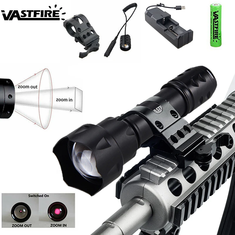 

Zoomable IR Flashlight 8MM Lens Tactical Hunting Light 850 nm Infrared Radiation Night Vision Torch with Rifle Mount+Battery+CH