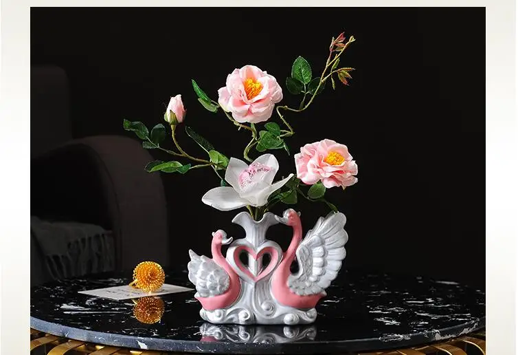 Modern Swan Ceramic Vase+Artificial Flower Ornaments Wedding Gifts Home Livingroom Desk Figurines Furnishing Crafts Decoration