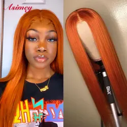 Asimey Orange Ginger Color Straight Human Hair Wigs 13X4 Transparent Lace Front Wig 30 32 Inch Pre Plucked Virgin Remy For Women