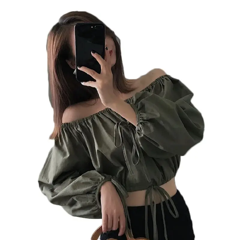 Женская шифоновая рубашка с открытыми плечами укороченная блузка длинными