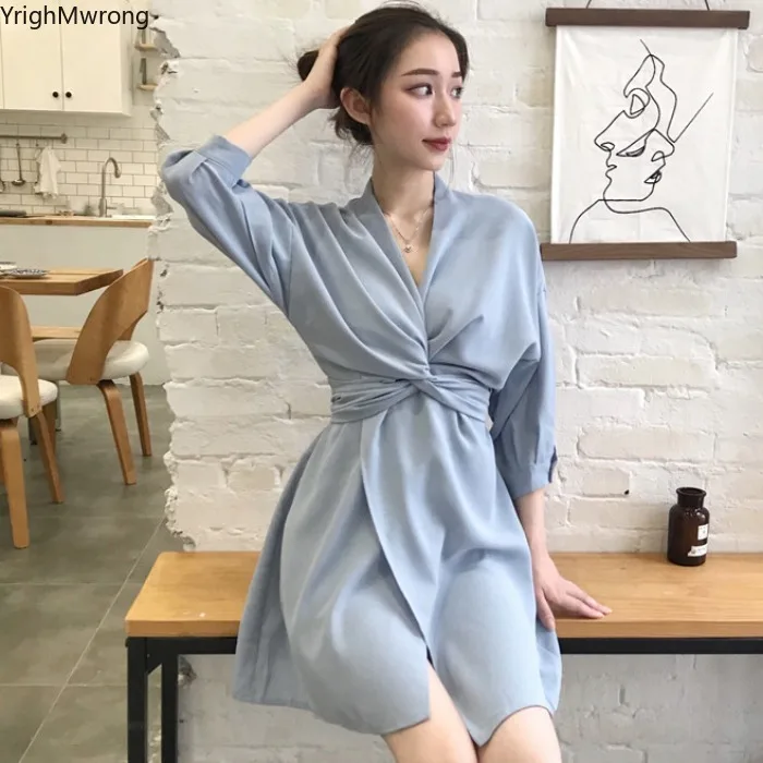 

Autumn Sexy V-neck Slim elegant high waist Tie Bow Belt front twist Split Mini Dress Korean Women Vintage Black Party Chiffon