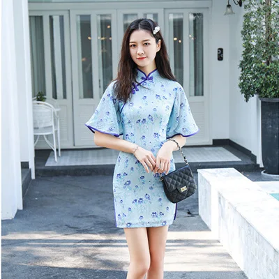 Летний китайский женский халат современный qipao платья с расклешенными рукавами - Цвет: C