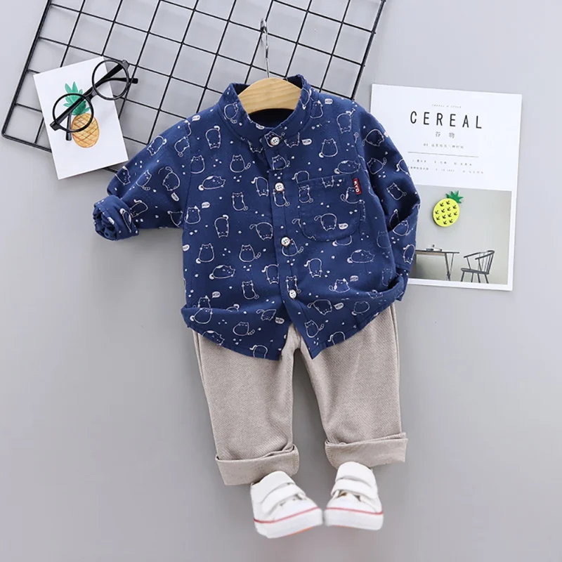 Children Set 6M-3T Spring Bear Print Long Sleeve Stand Collar Blouse Casual Tops+Solid Color Pants Baby Boy Clothes