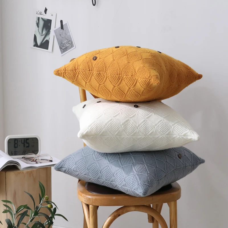 

Cotton Knit Cushion Cover Vintage Solid Yellow Blue Ivory Pillow Case 45cm*45cm Zip Open Home Decoration