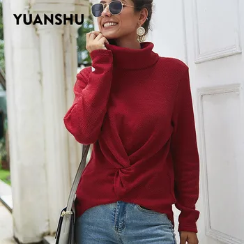 

YUANSHU Solid Turtleneck Slim Pullover Women Sweater Autumn Winter Casual Cross Jumper Knitting Loose Clothes Female Sweaters