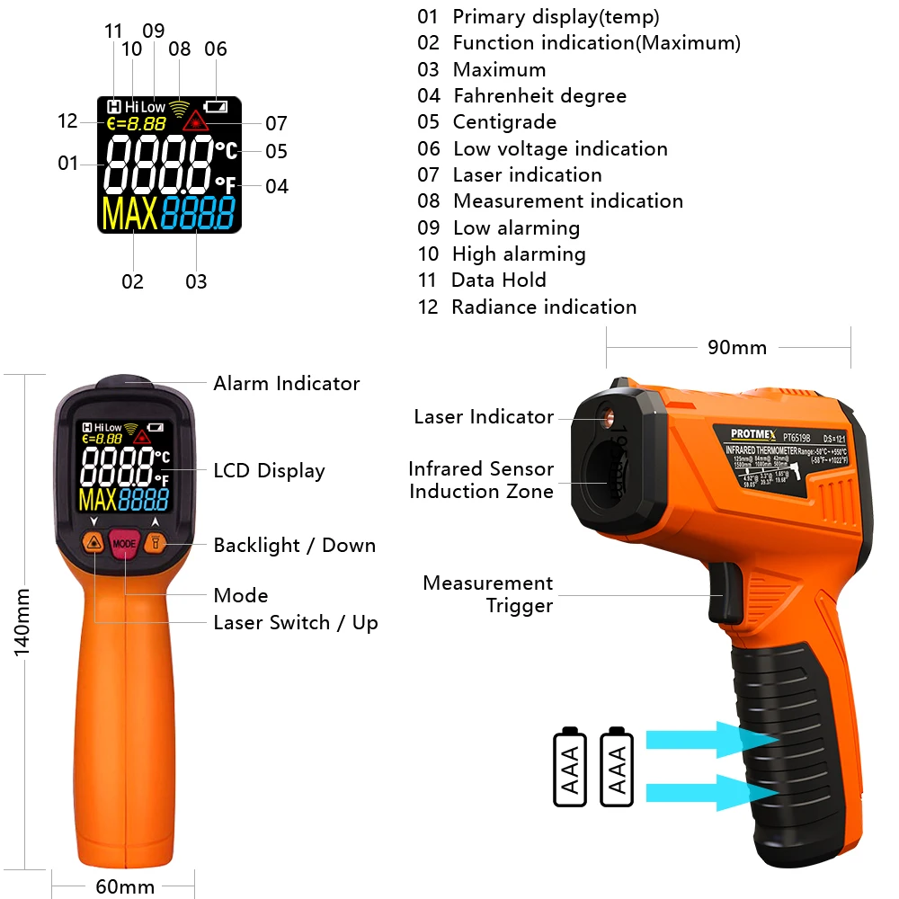 Бесконтактный инфракрасный термометр-50 до 550 C лазерный температурный пистолет с сигнальным индикатором задний светильник цветной экран D: S = 12:1