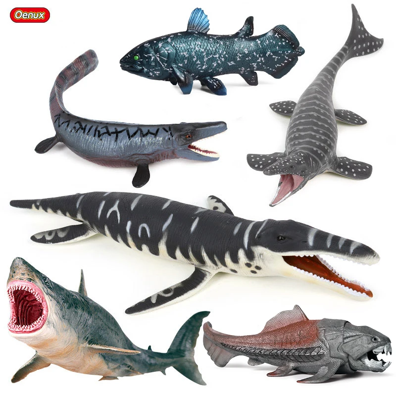 thumbnail image 1 of Figura de acción de pez megalodon dunkleosteus terrelli, animal marino prehistórico de oenux, modelo de dinosaurio plesiosaurus, juguete de colección, 1 of 4