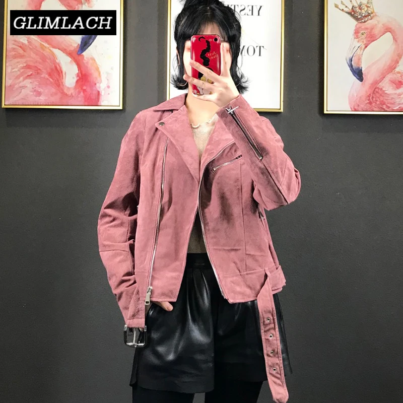 

2019 Women Autumn Winter Pigskin Suede Real Leather Jacket With Belt Pink Short Slim Lady Fashion Matte Motorcycle Coat Outwear