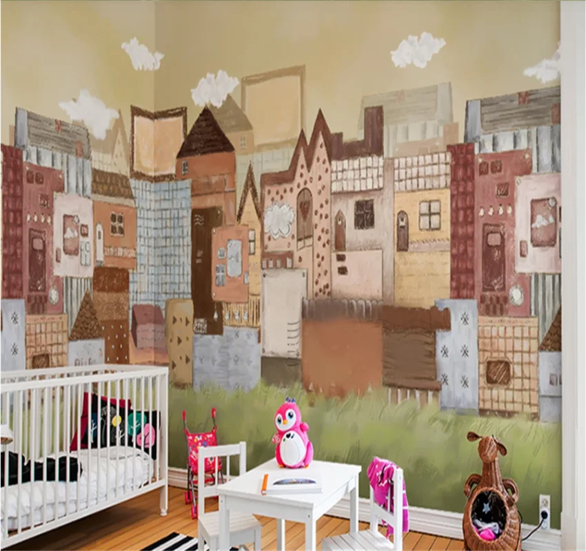 xuesu Custom wallpaper personality children's room cartoon house town hand-painted mural 8D wall covering