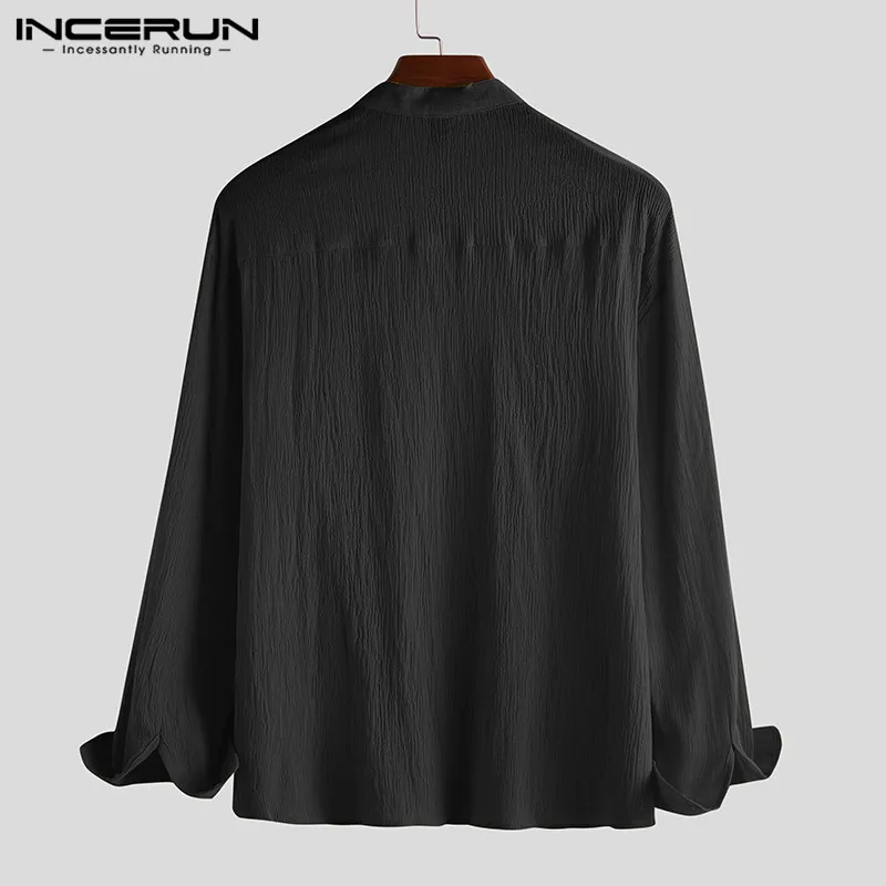 INCERUN однотонная мужская рубашка из хлопка со стоячим воротником, дышащая Уличная Повседневная тонкая мужская рубашка с длинным рукавом, Camisa Harajuku