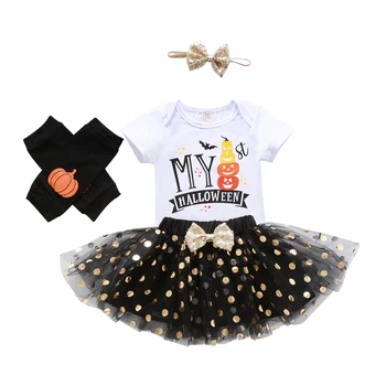 

4pcs Halloween Baby Girls Costume Cute Print Short Sleeve Romper+Dot Tulle Skirt + Leg Warmer + Sequin Headband Outfits Set