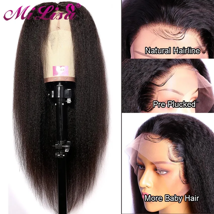 Mi Lisa crépus perruque droite sans colle dentelle avant perruques de cheveux humains pour les femmes noires pré plumé Fronte b|Парик из