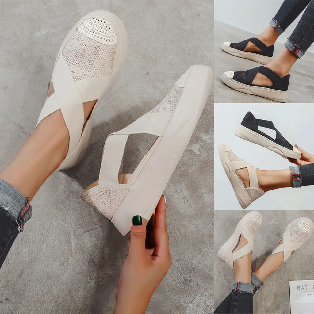 

MUQGEW Women White Shoes Casual Hallow Lace Cross Fitness Shoes Soft Comfortable Elastic Cover Leisure Shoes chaussures femme