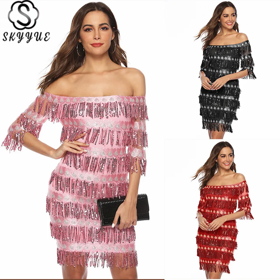 

Skyyue Coctail Dress Sweetheart Half Sleeve Tassel A-Line Robe Cocktail Gown YM034 Sequined Off The Shoulder Mini Robe Cocktail