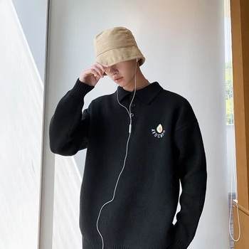 

2019 Winter New Korean Men's Retro Solid Color Knitting Trend Head Thin Hair Embroidery Street Loose Casual Sweater