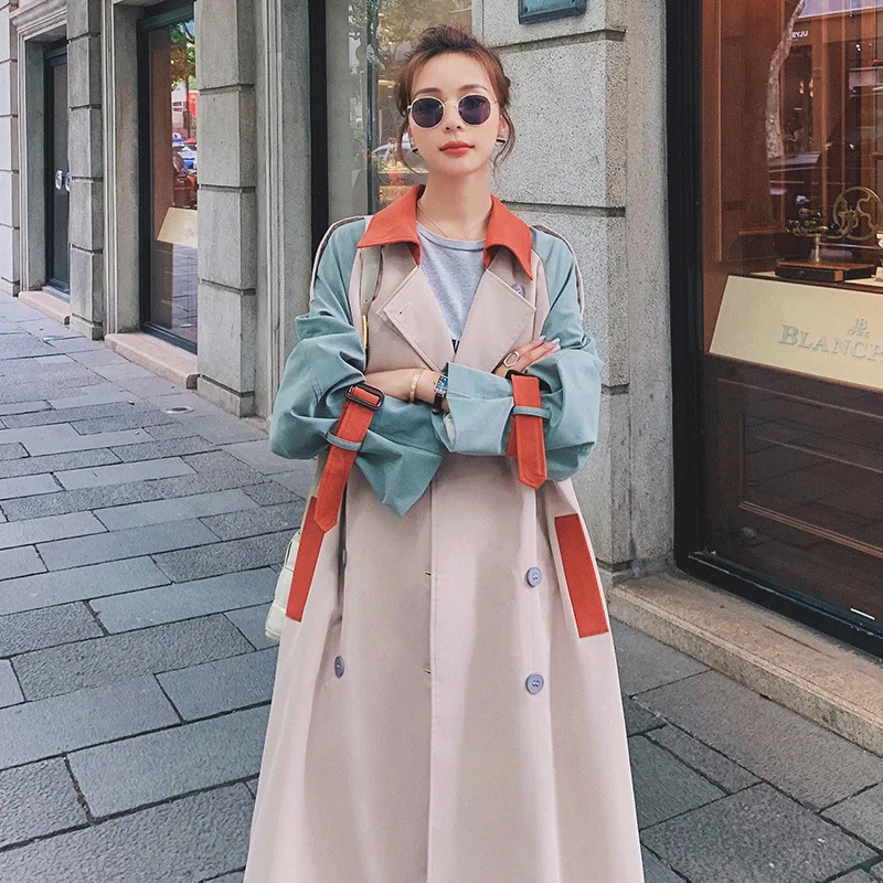 

Stitching Contrast Color Loose Windbreaker Women's Mid-length British Windbreaker Coat Lapel Belt All-match Fashion Clothing