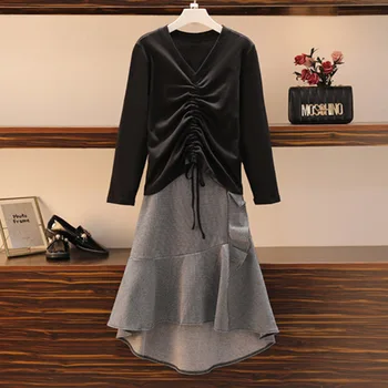 

Chic 4xl plus size women's clothing office lady 2 piece set autumn top and skirt year-old female costume