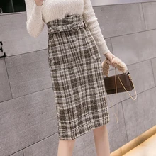Женские юбки миди с высокой талией, винтажные Клетчатые Шерстяные Юбки с разрезом, офисные женские юбки, осенние зимние прямые юбки