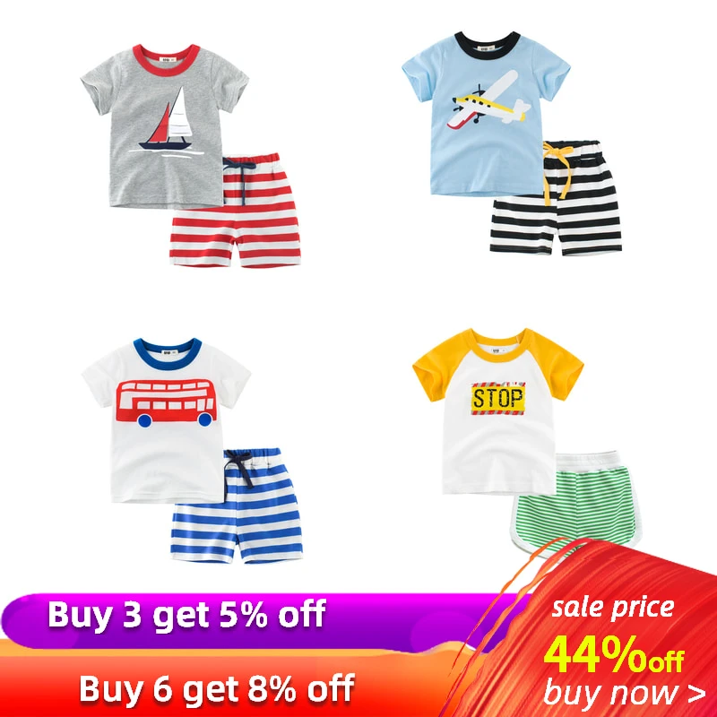 27 2-9 Summer Boys Clothing Sets 2 Pcs Short Sleeve T-shirt+Striped Shorts Children Summer Clothes Kids Casual T-shirts For Boys