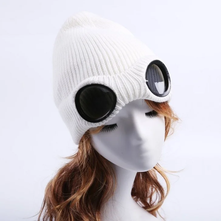 Вязаная шапка со съемными очками; женская утолщенная зимняя повседневная шапка - Цвет: Белый