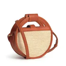 Straw Splice PU Leather Women Shoulder Bag Designer Round Crossbody Bags for Women Small Straw Woven Females Handbags Purse 2021