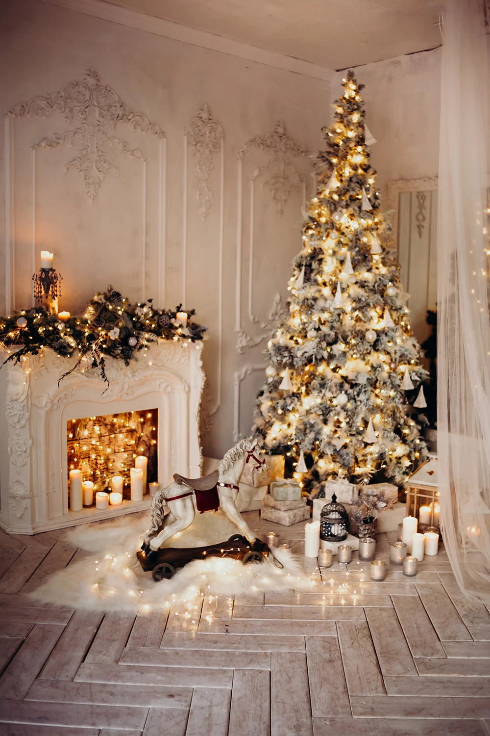 

Christmas Tree Fireplace Candle Wooden Floor Photographic Backgrounds Customized Photography Backdrops For Photo Studio