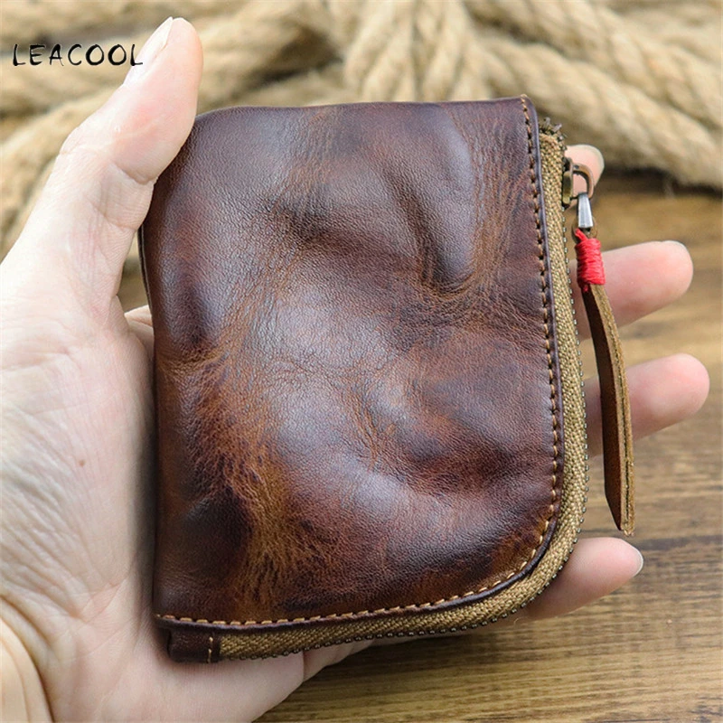 LEACOOL Monedero de piel auténtica para hombre y mujer, cartera hecha a mano, Mini tarjetero pequeño, funda cremallera para cambio| Monederos| -