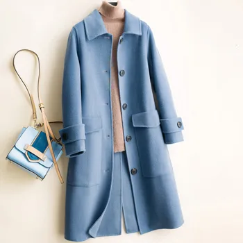 

Office Lady Long Double Sided Wool Jacket Women Single breasted Loose Elegant Doll collar Wool Coat Female Solid Color Outerwear