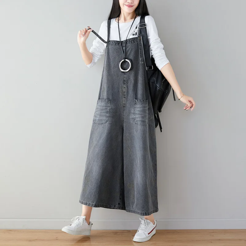 Free Shipping Fashion Women Loose Jumpsuits And Rompers With Pockets Plus Size Strap Overalls Summer Denim Grey Wide Leg M-2XL