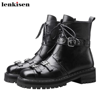 

Lenkisen 2020new design genuine leather motorcycle boots rivets buckle lace up square toe med heels women zip ankle boots L41