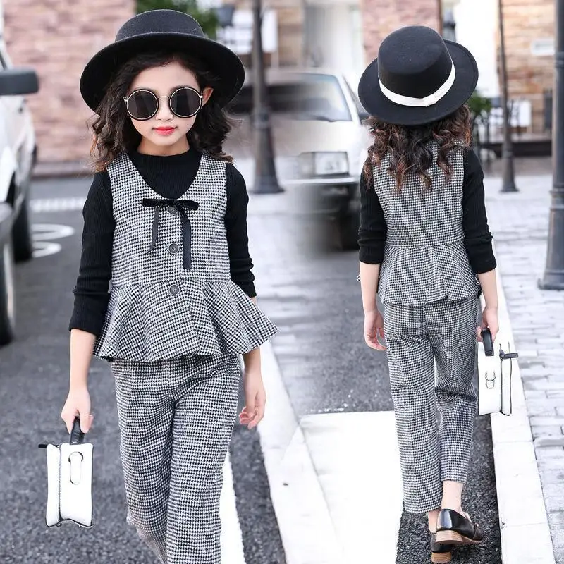 2021 Spring &amp Autumn Girls Fashion England Style Plaid Three Pieces Set 3-14 Years Old Children Suit | Детская одежда и обувь