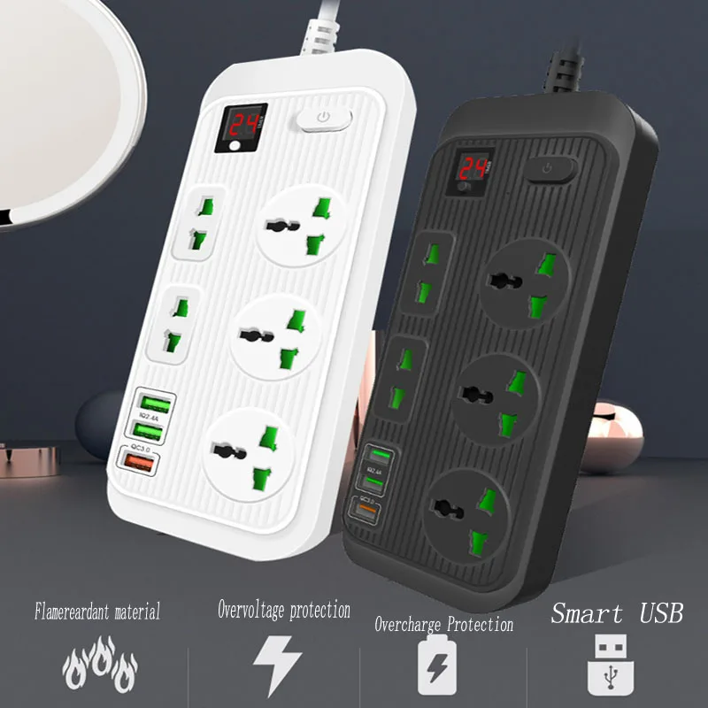 

Удлинитель питания с 5 розетками QC3.0, 18 Вт, 3 USB-порта