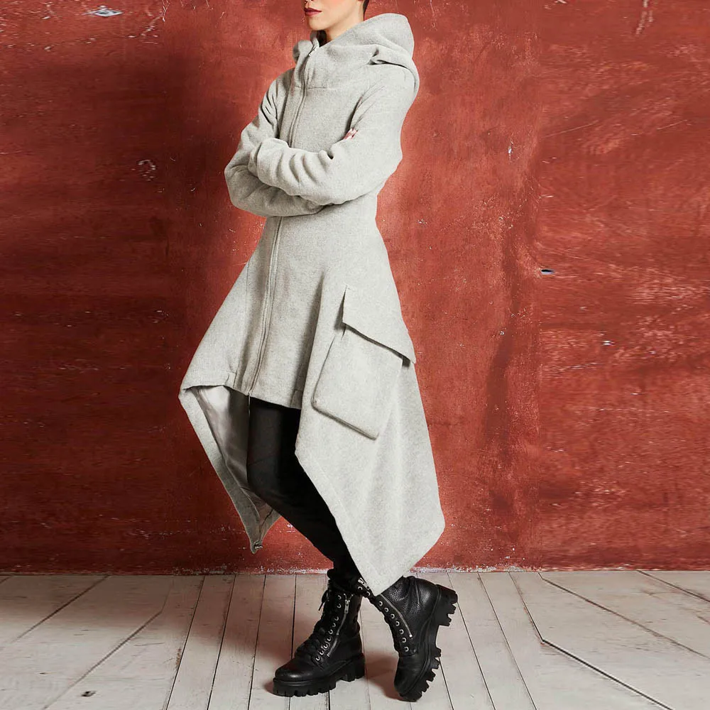 Jaycosin Fashion Women Winter Warm Zipper Asymmetric Solid Hoodie Coat Stylish Long Sleeve Comfortable Soft Coat Overcoat 23#4