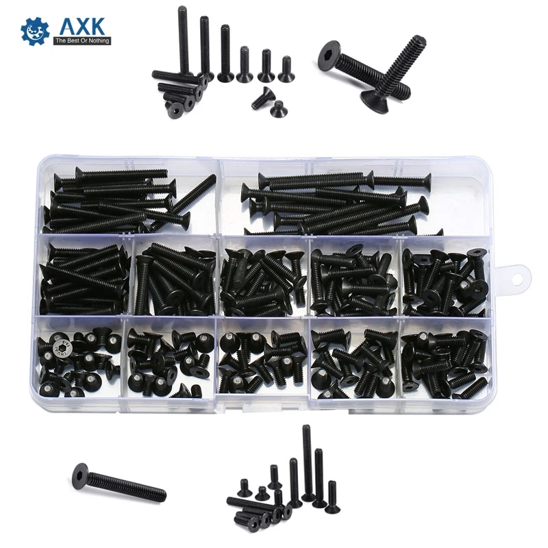 

AXK Black 180Pcs M4 Hex Socket Flat Head Screw 10.9 Grade Carbon Steel 6-40mm Bolt Assortment with Plastic Case