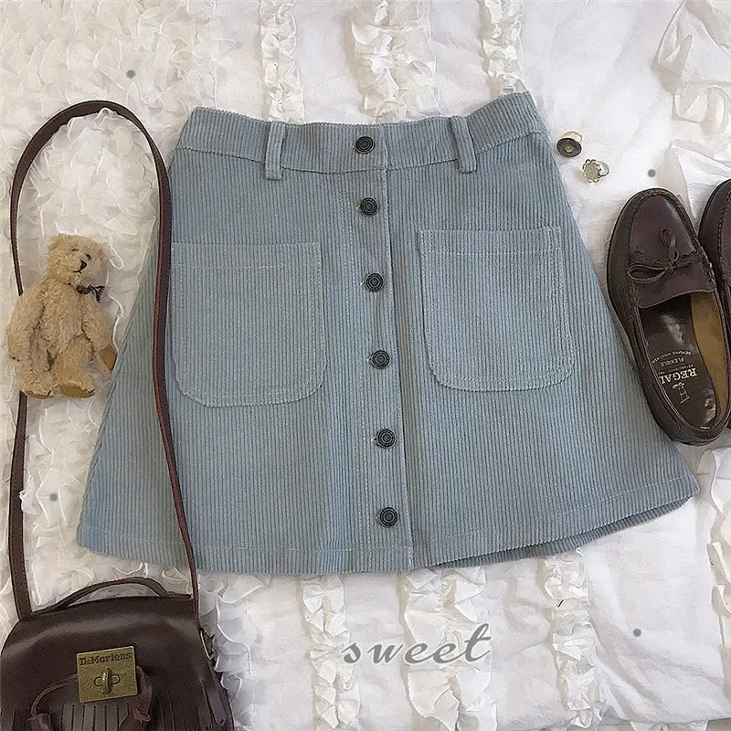 Blue green skirt Осенняя винтажная женская короткая юбка трапециевидной формы с пуговицами зимняя приталенная Вельветовая юбка с завышенной талией Женская Черная мини-юбка с карманом красный розовый - Цвет: Blue green skirt
