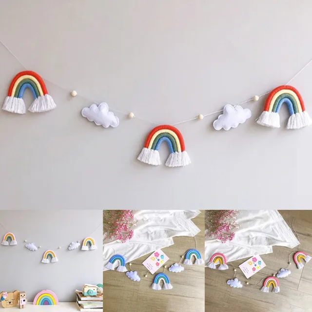 INS Felt Cloud Knitting Wool Rainbow Tassel Wall Hanging Decor Boho Wooden Beads Garland Pendant Kids Room Home Nursery Decor 1