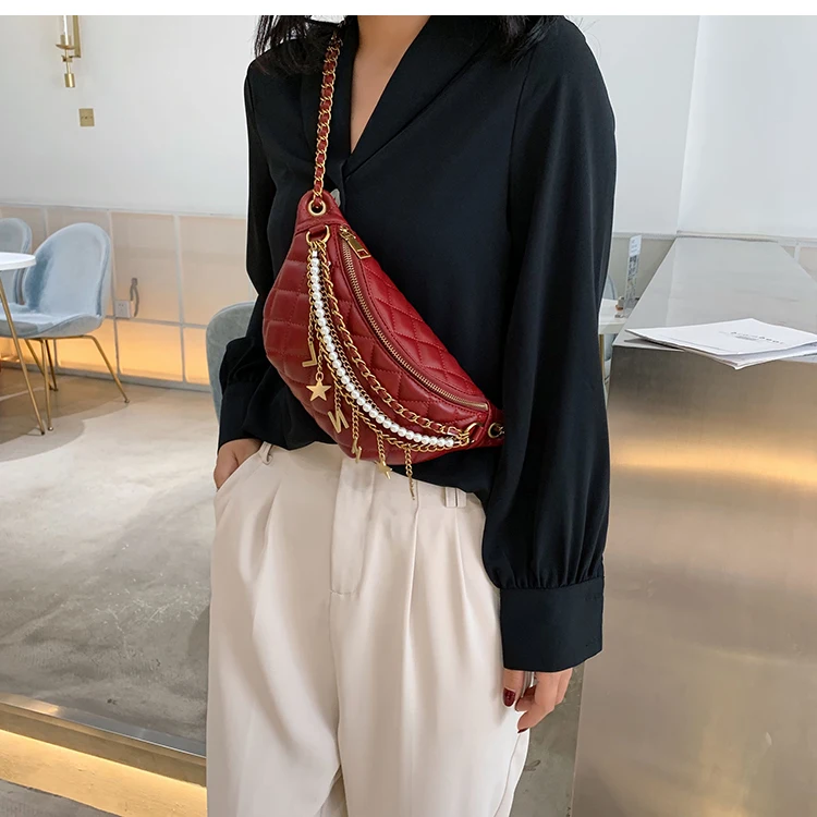 Small Bag Women New Fashion Korean Versatile Messenger Bag Pearl Chain Waist Bag Gold Letter Tassel Chest Bag Nightclub Bag