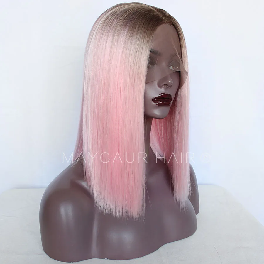 Brown Roots Pink White Ombre Color Short Bob Synthetic Lace Front Wigs For Women Middle Part Lace Wigs with Natural Hairline (2)